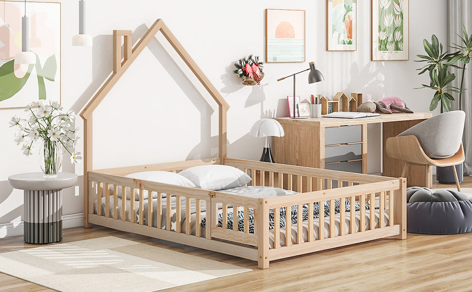 Full House-Shaped Headboard Floor Bed with Fence,Natural