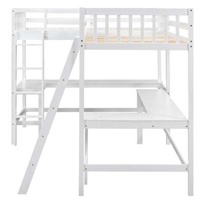 Wood Twin Size L-Shaped Loft Bed with Ladder and 2 Built-in L-Shaped Desks, White(Expected Arrival Time: 12.28)