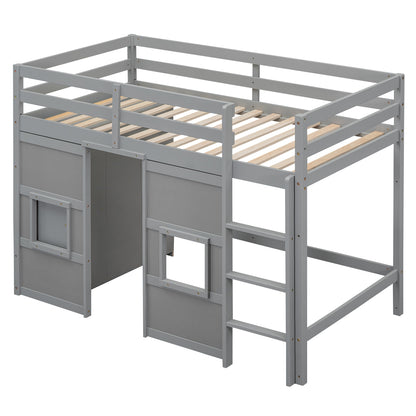 Wood Twin Size Loft Bed with Built-in Storage Wardrobe and 2 Windows, Gray(Expected Arrival Time: 12.28)