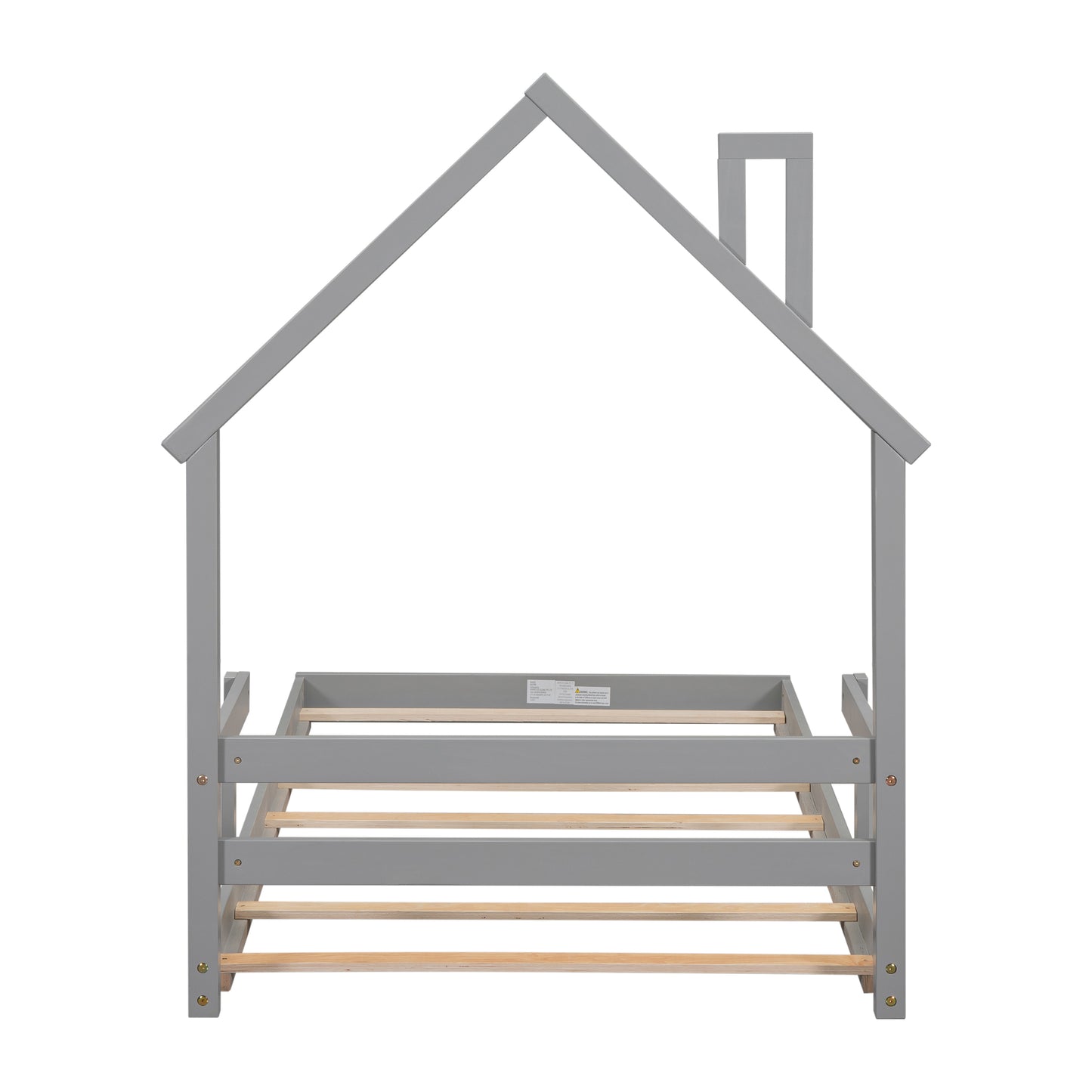 Twin House-Shaped Headboard Floor Bed with Handrails, Slats, Grey