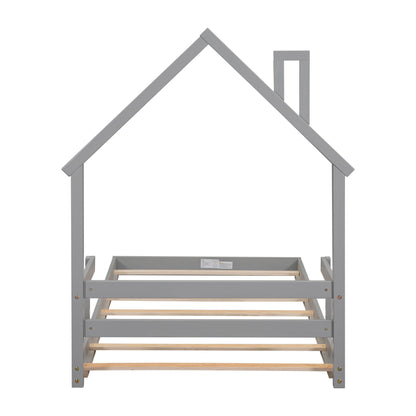 Twin House-Shaped Headboard Floor Bed with Handrails, Slats, Grey