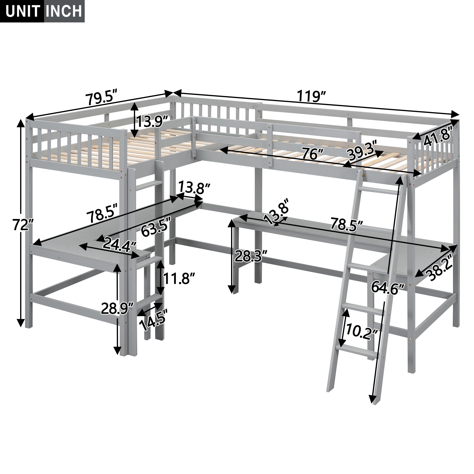 Wood Twin Size L-Shaped Loft Bed with Ladder and 2 Built-in L-Shaped Desks, Gray(Expected Arrival Time: 12.28)