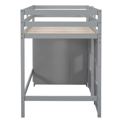 Wood Twin Size Loft Bed with Built-in Storage Wardrobe and 2 Windows, Gray