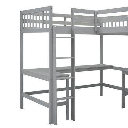 Wood Twin Size L-Shaped Loft Bed with Ladder and 2 Built-in L-Shaped Desks, Gray(Expected Arrival Time: 12.28)