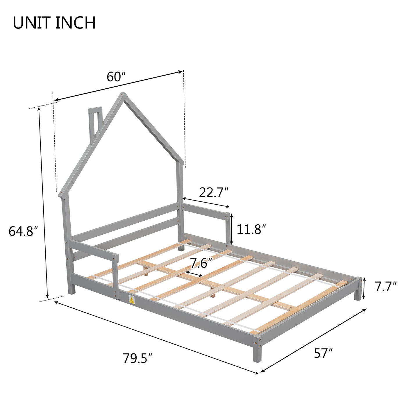Full House-Shaped Headboard Bed with Handrails, Slats, Grey