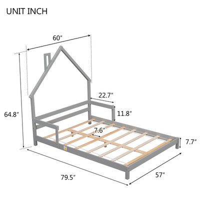 Full House-Shaped Headboard Bed with Handrails, Slats, Grey