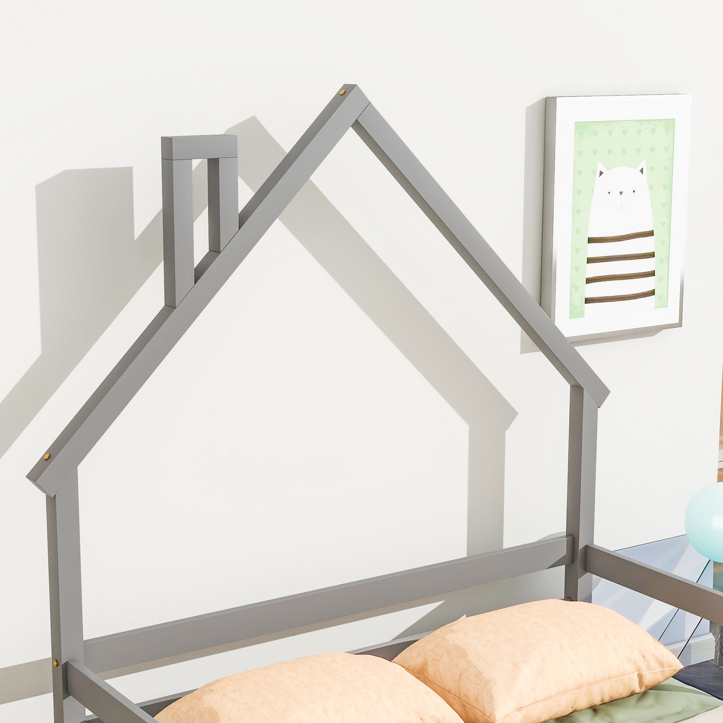 Full House-Shaped Headboard Bed with Handrails, Slats, Grey