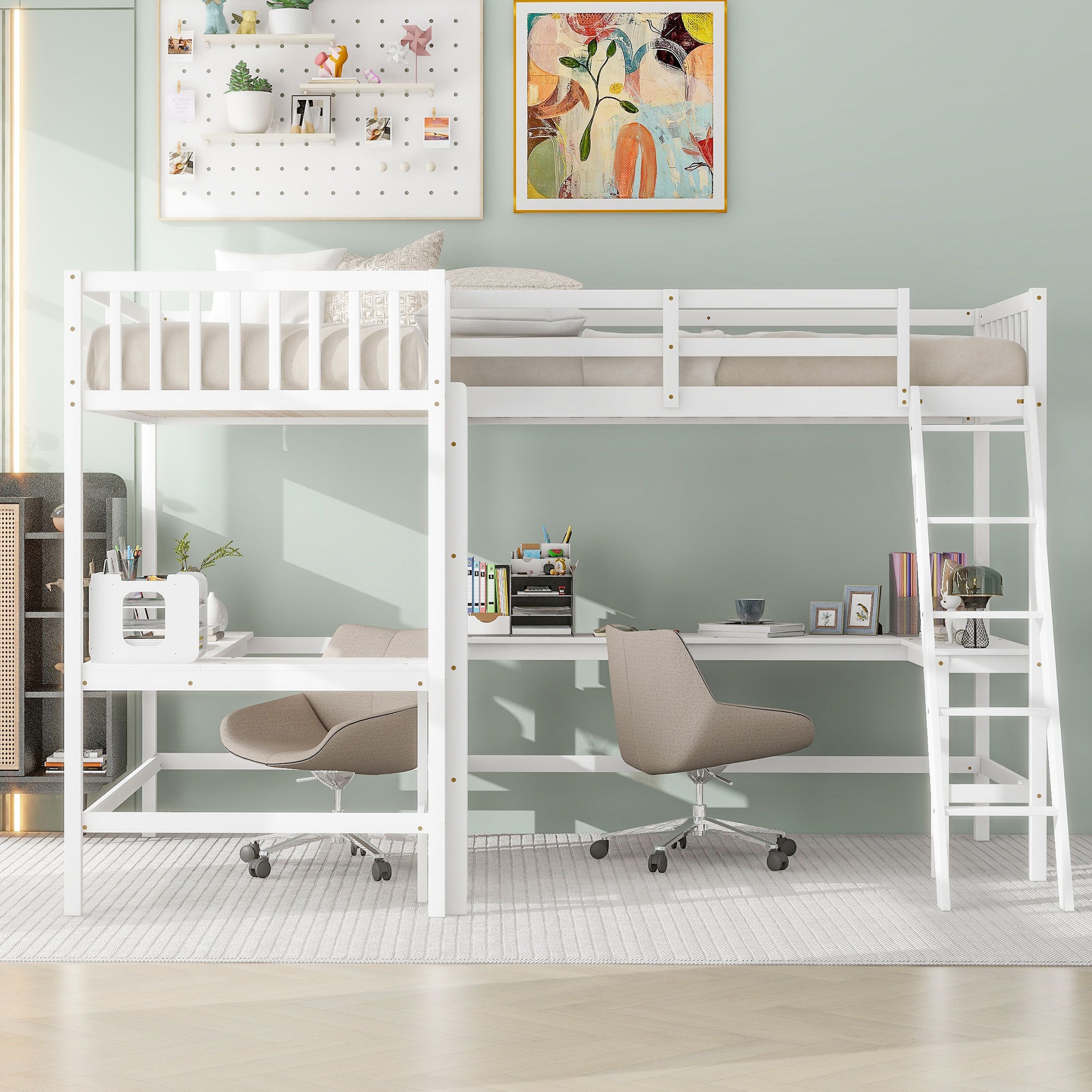 Wood Twin Size L-Shaped Loft Bed with Ladder and 2 Built-in L-Shaped Desks, White(Expected Arrival Time: 12.28)
