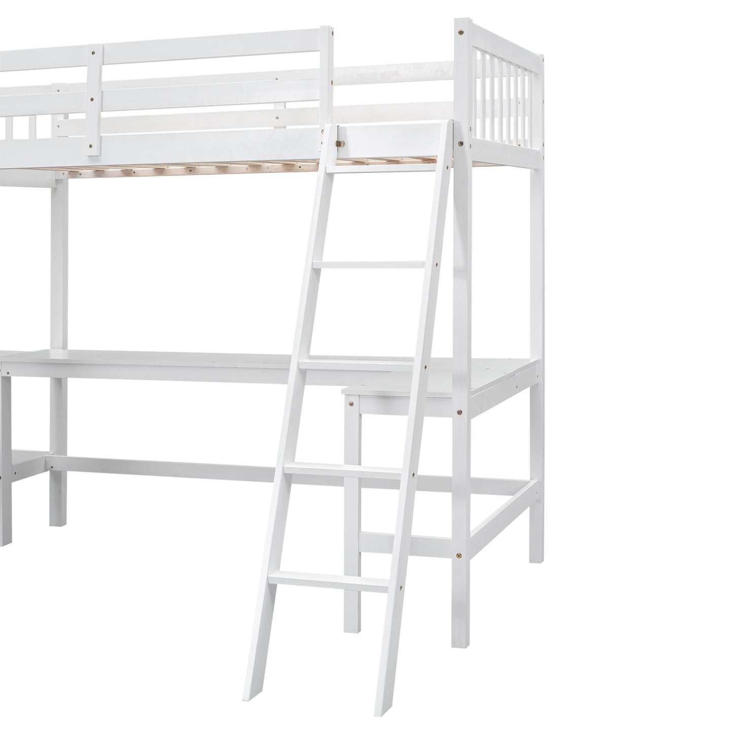 Wood Twin Size L-Shaped Loft Bed with Ladder and 2 Built-in L-Shaped Desks, White(Expected Arrival Time: 12.28)