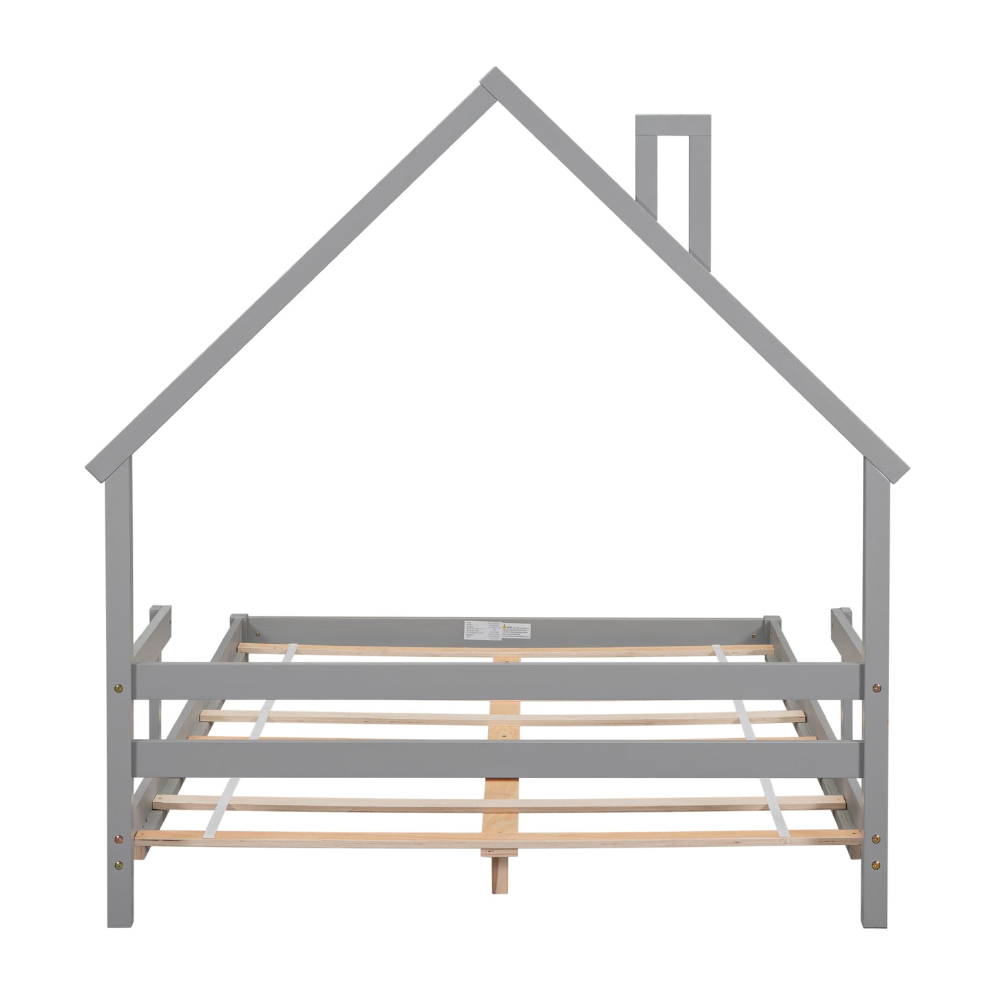 Full House-Shaped Headboard Bed with Handrails, Slats, Grey