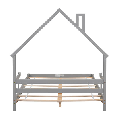 Full House-Shaped Headboard Bed with Handrails, Slats, Grey