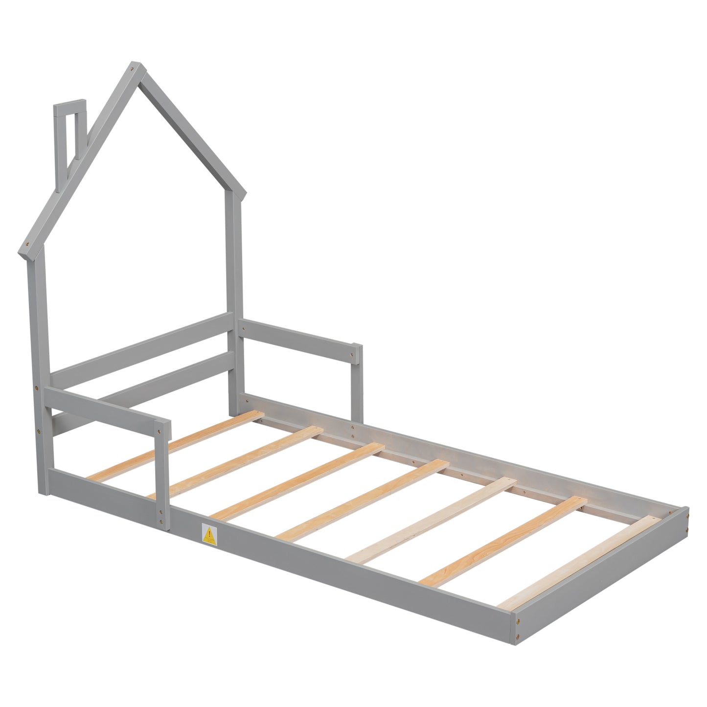 Twin House-Shaped Headboard Floor Bed with Handrails, Slats, Grey