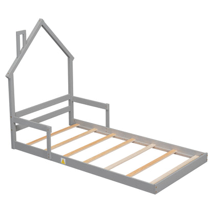 Twin House-Shaped Headboard Floor Bed with Handrails, Slats, Grey