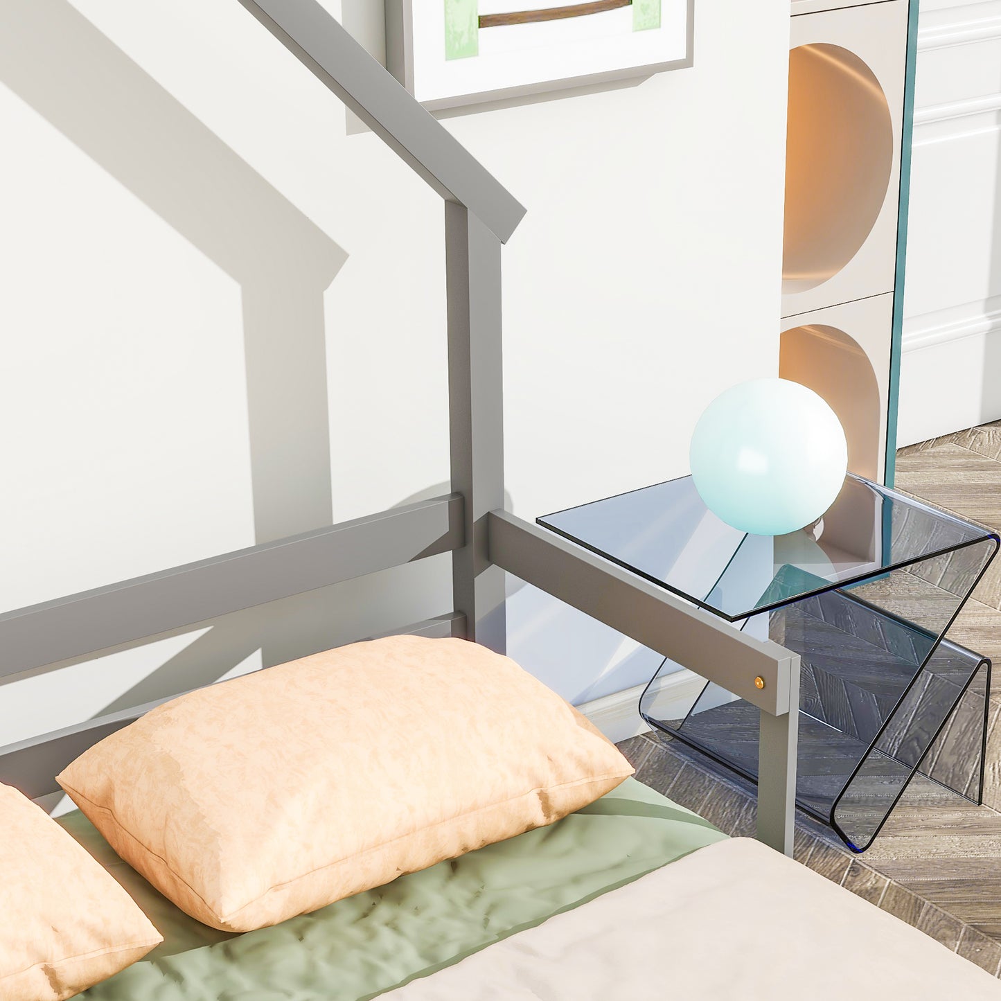 Full House-Shaped Headboard Bed with Handrails, Slats, Grey