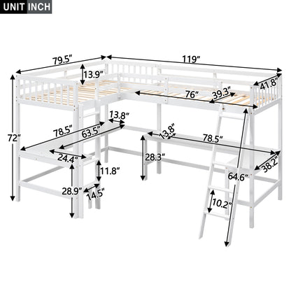 Wood Twin Size L-Shaped Loft Bed with Ladder and 2 Built-in L-Shaped Desks, White(Expected Arrival Time: 12.28)