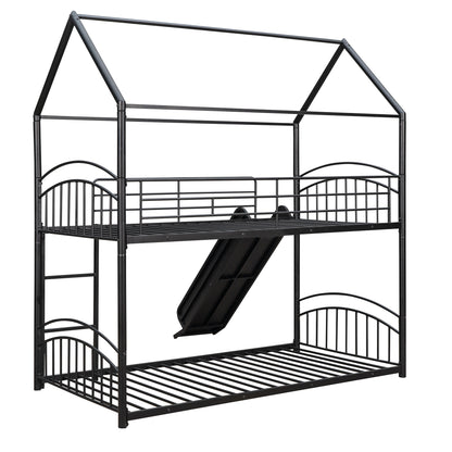 Twin Over Twin Metal Bunk Bed With Slide,Kids House Bed Black