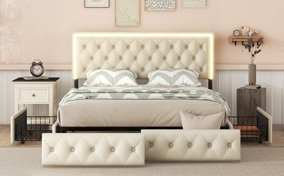 Queen Upholstered Bed Frame with 4 Storage Drawers, PU Leather Platform Bed with LED Headboard, No Box Spring Needed, Beige