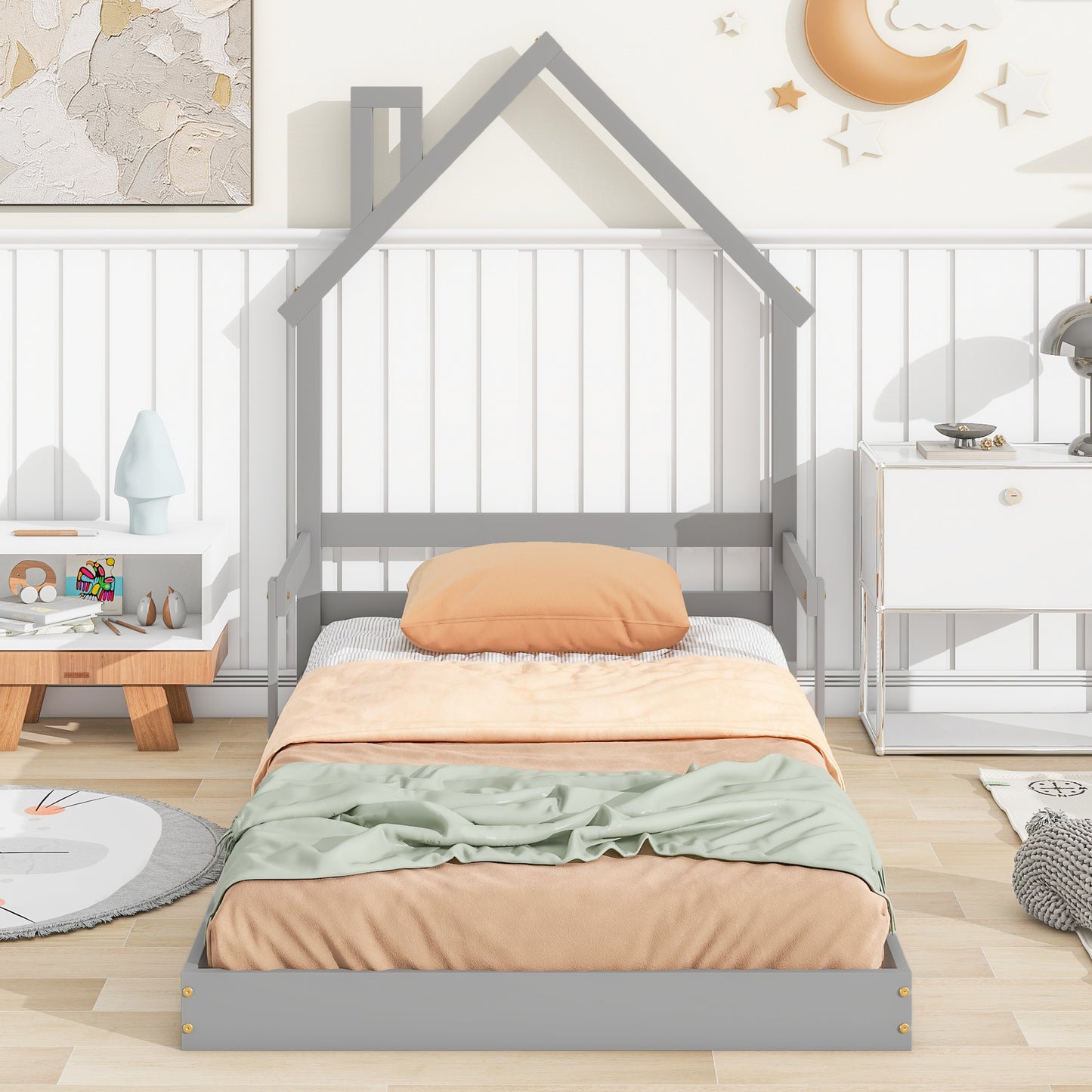 Twin House-Shaped Headboard Floor Bed with Handrails, Slats, Grey