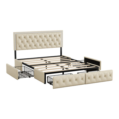 Queen Upholstered Bed Frame with 4 Storage Drawers, PU Leather Platform Bed with LED Headboard, No Box Spring Needed, Beige