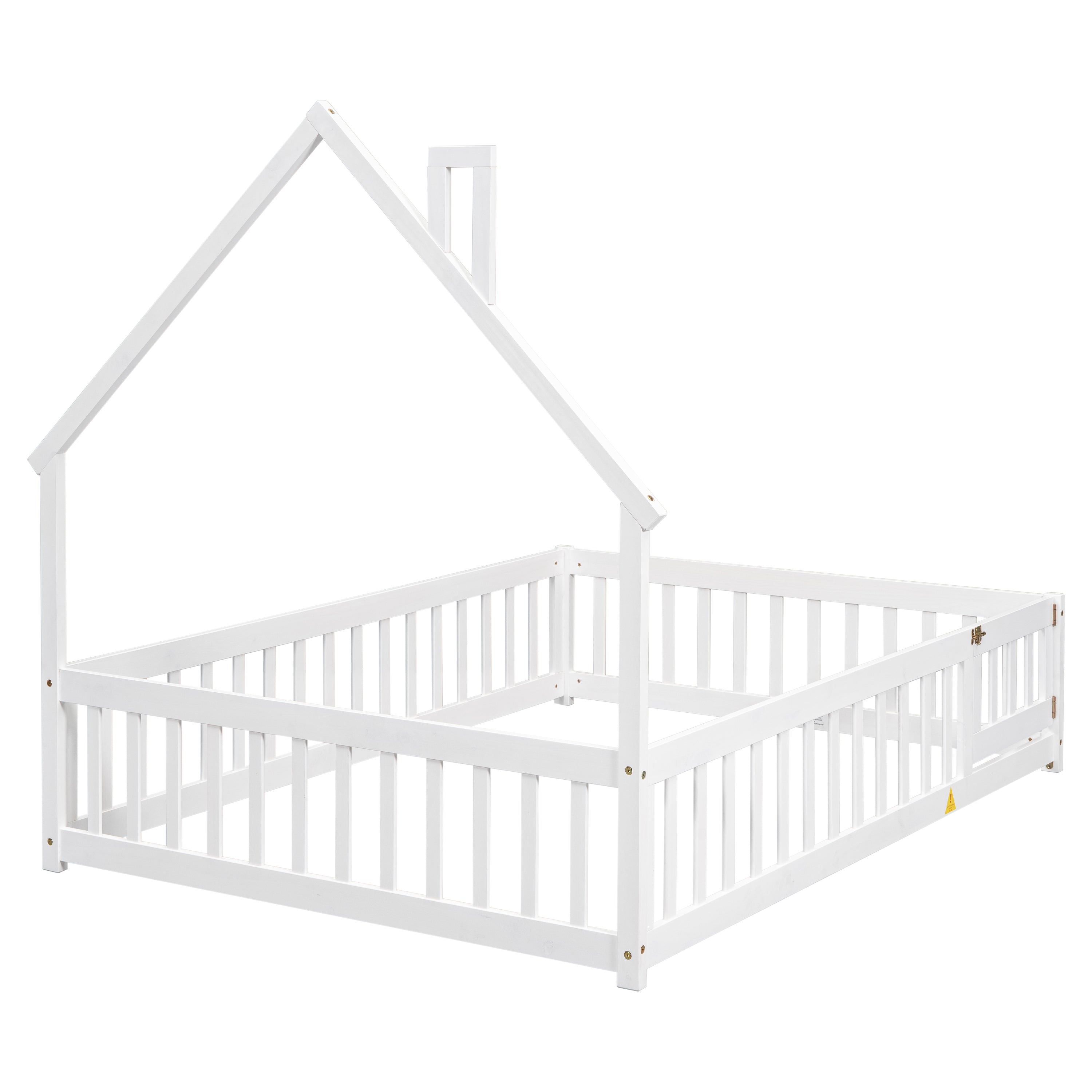 Full House-Shaped Headboard Floor Bed with Fence ,White