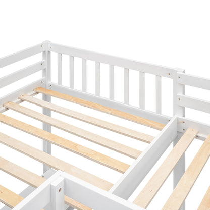 Wood Twin Size L-Shaped Loft Bed with Ladder and 2 Built-in L-Shaped Desks, White(Expected Arrival Time: 12.28)