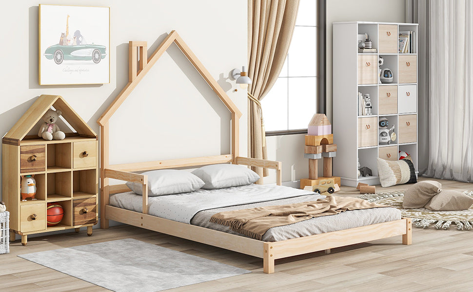 Full House-Shaped Headboard Bed with Handrails ,slats
,Natural