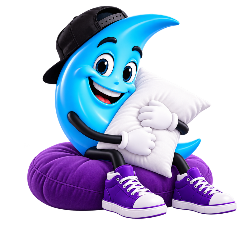 Good Mattress moon mascot relaxing and hugging a pillow