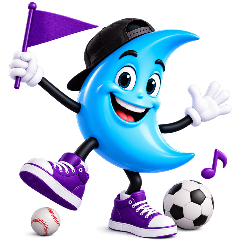 Good Mattress moon mascot cheering for local athletics and arts