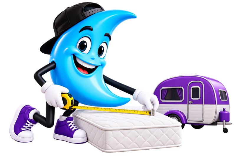 Good Mattress moon mascot measuring a mattress beside a purple camper
