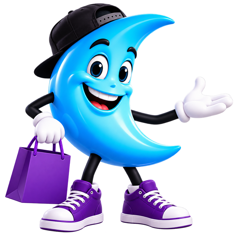 Good Mattress moon mascot welcoming shoppers with a purple bag