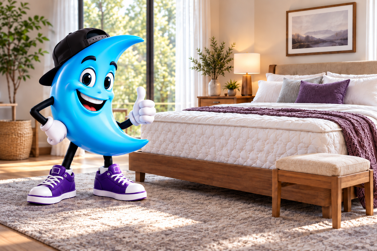 Good Mattress moon mascot in a bedroom wearing plain purple shoes