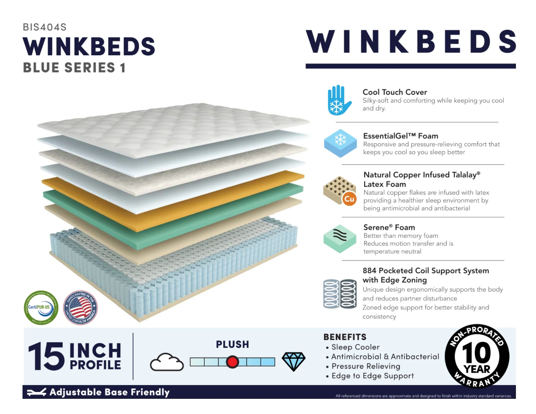 WINK Blue Series 1 Hybrid Mattress Cooling, Latex, 15"