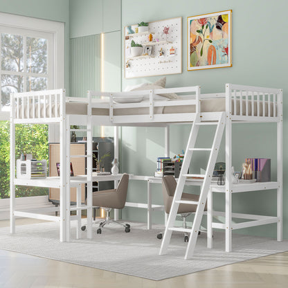 Wood Twin Size L-Shaped Loft Bed with Ladder and 2 Built-in L-Shaped Desks, White(Expected Arrival Time: 12.28)