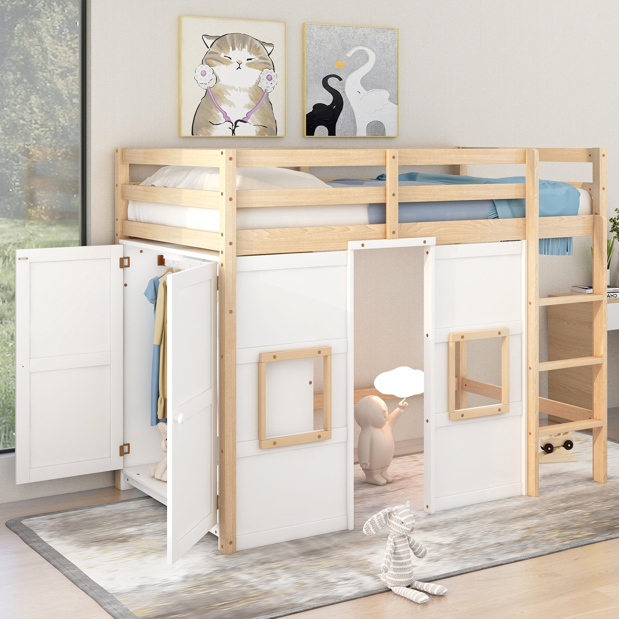 Wood Twin Size Loft Bed with Built-in Storage Wardrobe and 2 Windows, Natural/White(Expected Arrival Time: 12.28)